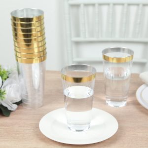 12-Pack Plastic Party Cups 17oz Clear with Gold Rim - Disposable Drinking Tumblers 5.5" - Pack of 12 Glasses